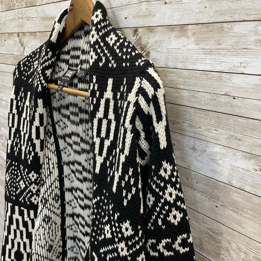 W by Worth Womens PS Cardigan Sweater Wool Blend Open‎ Front Aztec Black & White